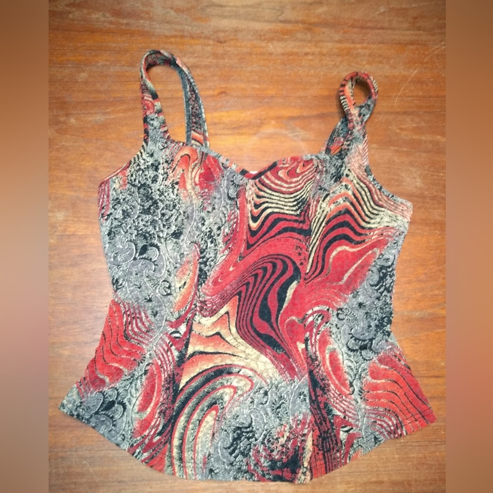 Papillon Blanc Red Black & Gold Fitted Sleeveless Shirt, 15 inches PTP - Picture 2 of 13